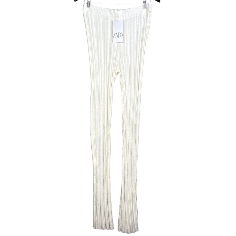 ZARA Ribbed Knit Stretch Flare Lounge Pants Ecru Cream Size Large NWT